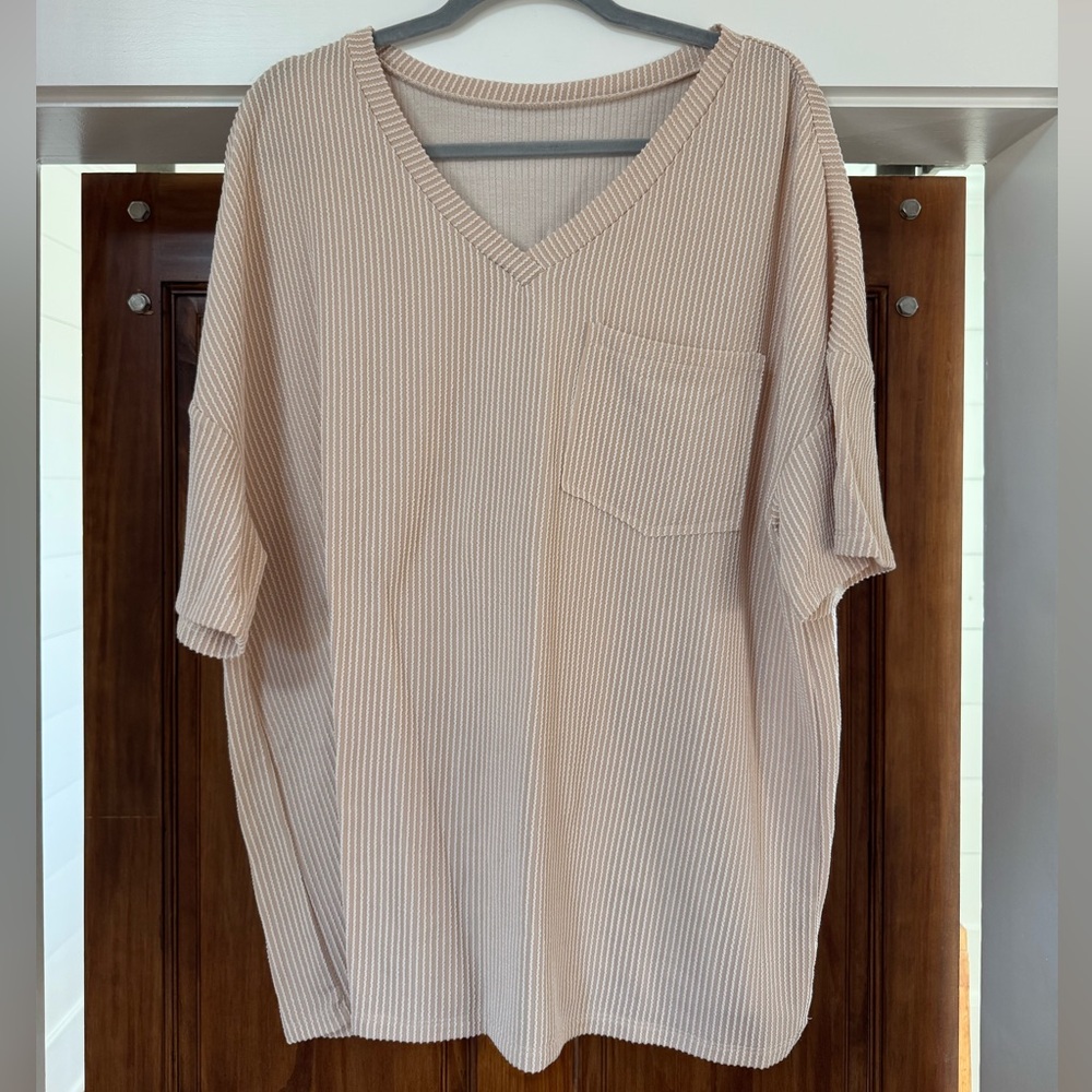 SHEIN Cream Ribbed V-Neck Blouse